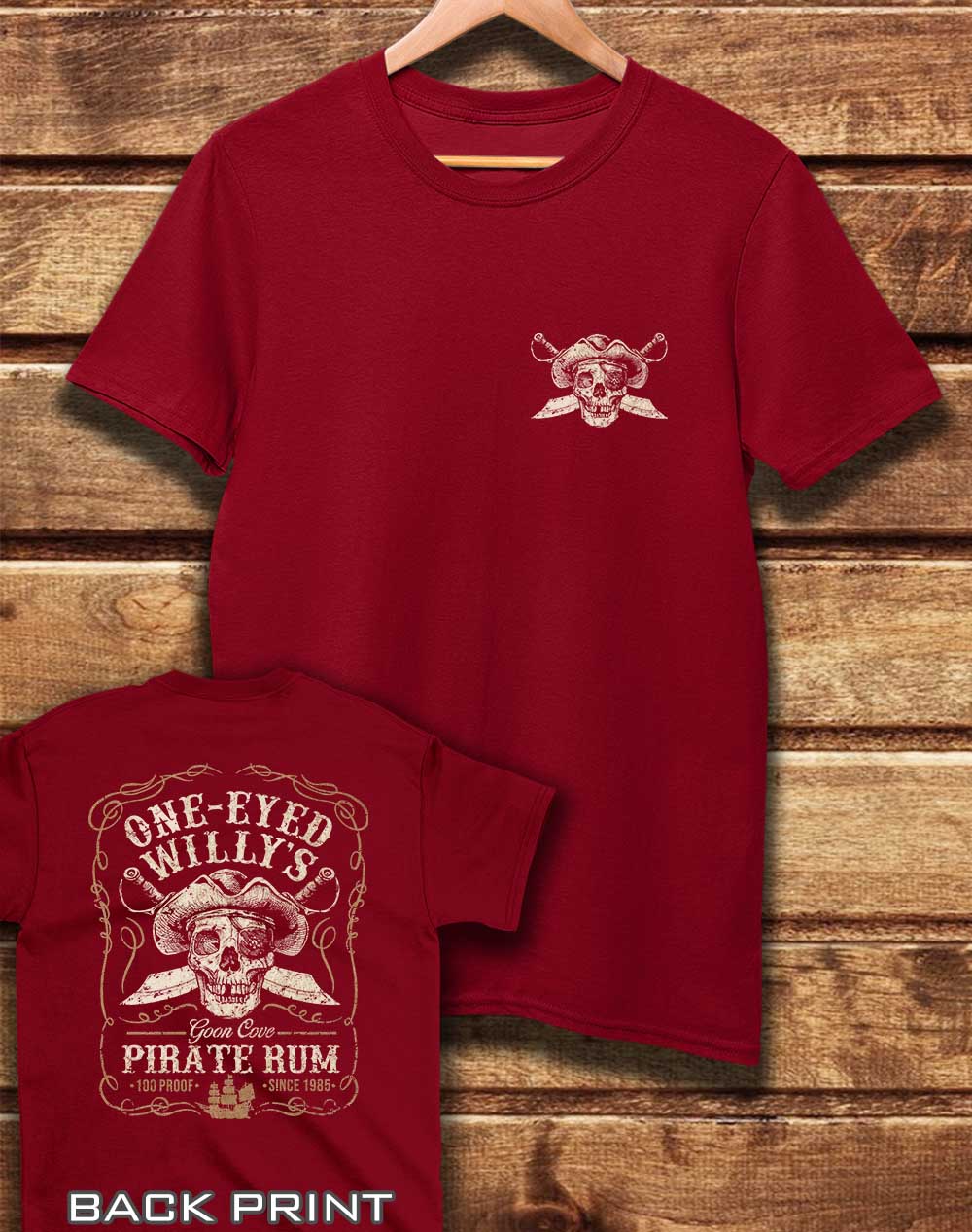 Dark Red - DELUXE One Eyed Willy's Rum with Back Print Organic Cotton T-Shirt