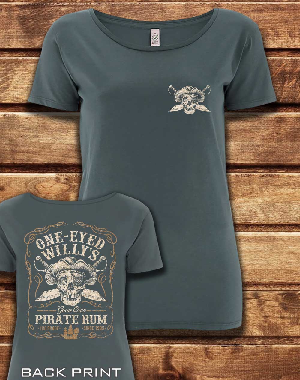 Light Charcoal - DELUXE One Eyed Willy's Rum with Back Print Organic Scoop Neck T-Shirt