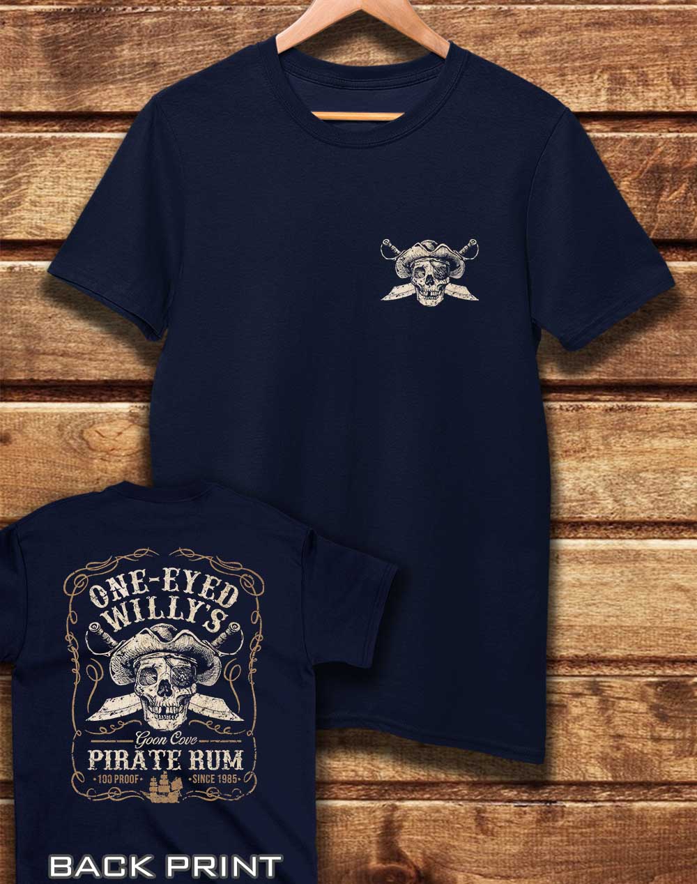Navy - DELUXE One Eyed Willy's Rum with Back Print Organic Cotton T-Shirt