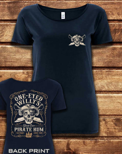 Navy - DELUXE One Eyed Willy's Rum with Back Print Organic Scoop Neck T-Shirt