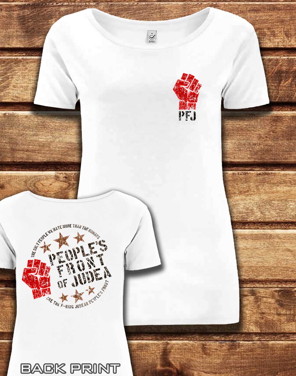 White - DELUXE People's Front of Judea with Back Print Organic Scoop Neck T-Shirt