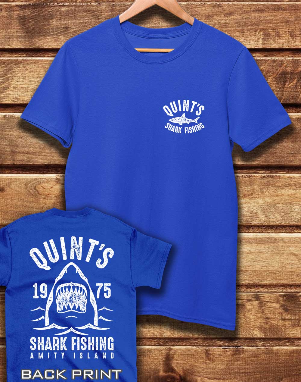Bright Blue - DELUXE Quint's Shark Fishing with Back Print Organic Cotton T-Shirt