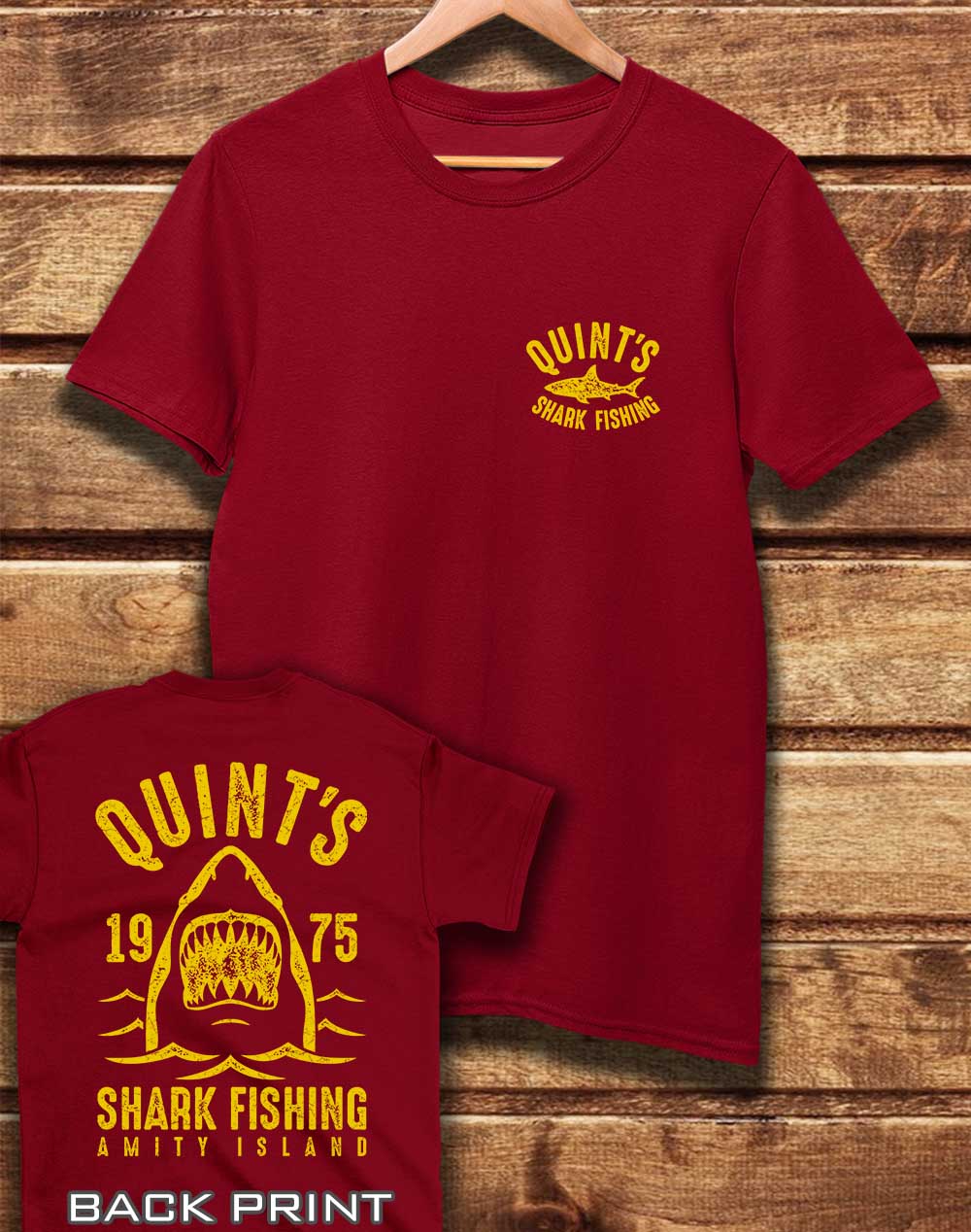 Dark Red - DELUXE Quint's Shark Fishing with Back Print Organic Cotton T-Shirt