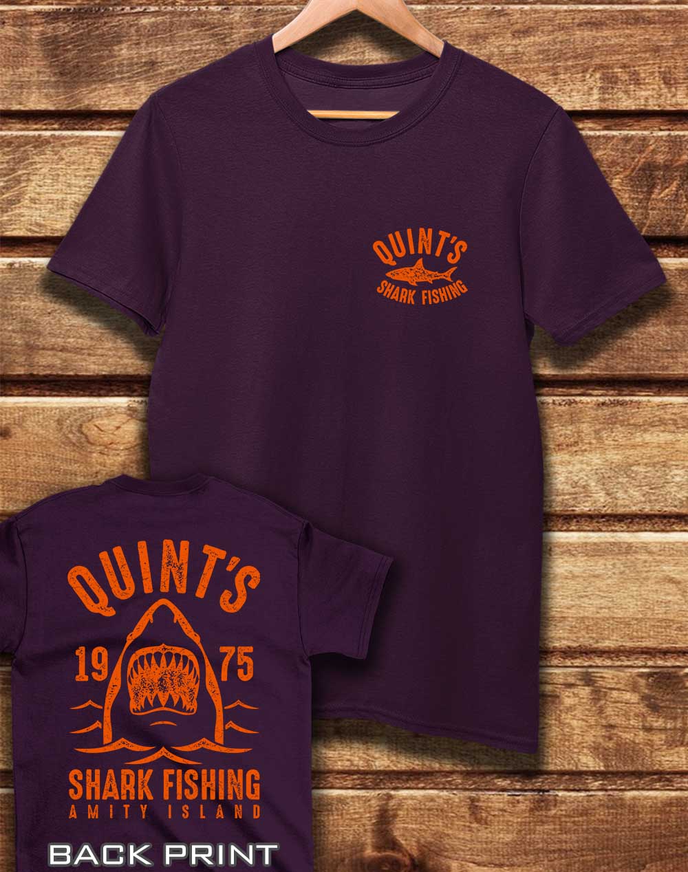 Eggplant - DELUXE Quint's Shark Fishing with Back Print Organic Cotton T-Shirt