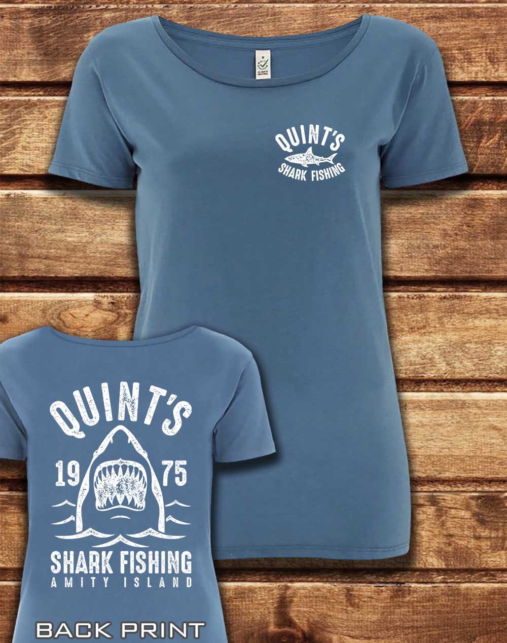 Faded Denim - DELUXE Quint's Shark Fishing with Back Print Organic Scoop Neck T-Shirt