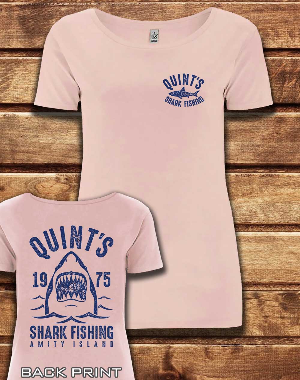Light Pink - DELUXE Quint's Shark Fishing with Back Print Organic Scoop Neck T-Shirt