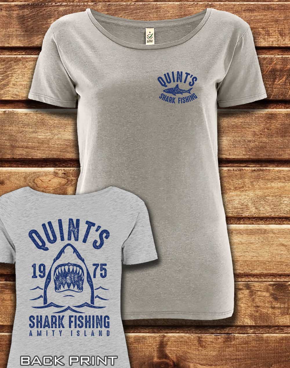 Melange Grey - DELUXE Quint's Shark Fishing with Back Print Organic Scoop Neck T-Shirt