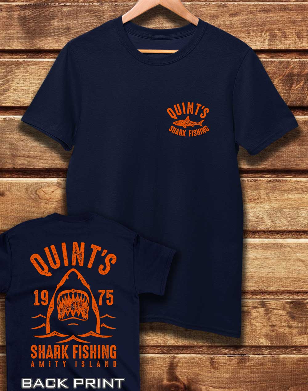 Navy - DELUXE Quint's Shark Fishing with Back Print Organic Cotton T-Shirt