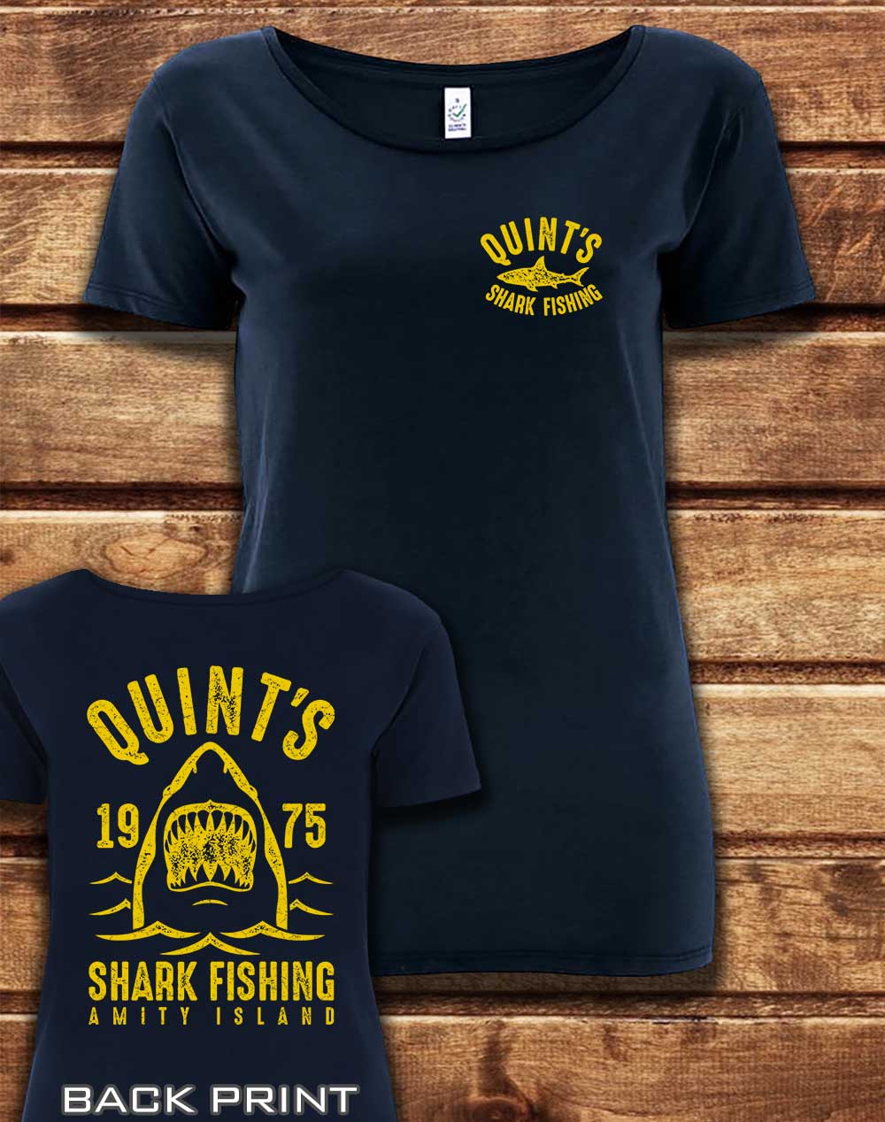 Navy - DELUXE Quint's Shark Fishing with Back Print Organic Scoop Neck T-Shirt