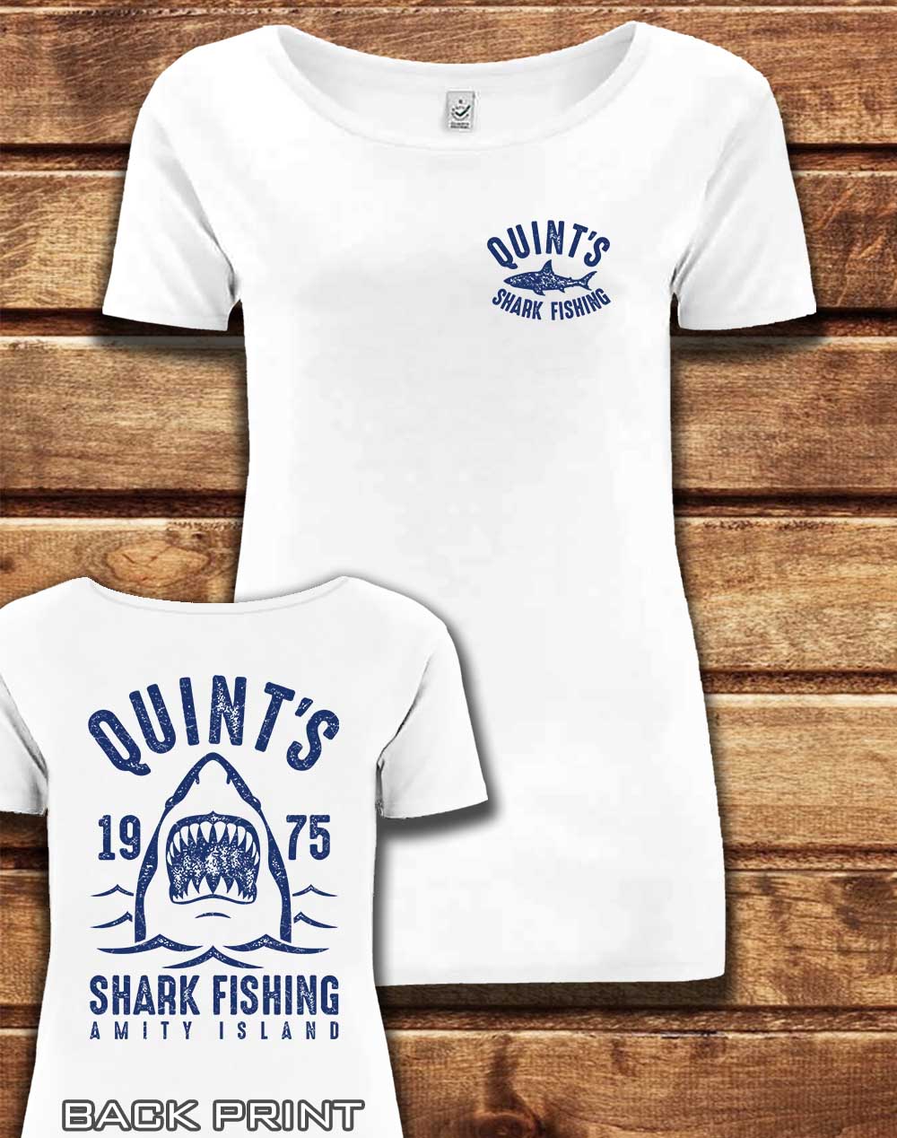 White - DELUXE Quint's Shark Fishing with Back Print Organic Scoop Neck T-Shirt