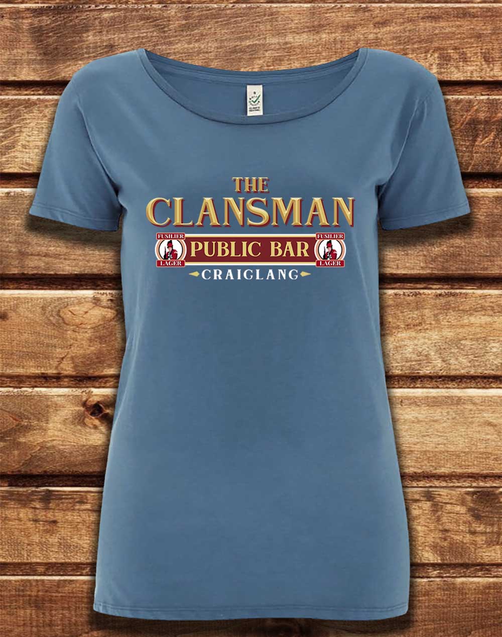 Faded Denim - DELUXE The Clansman Pub Logo Organic Scoop Neck T-Shirt