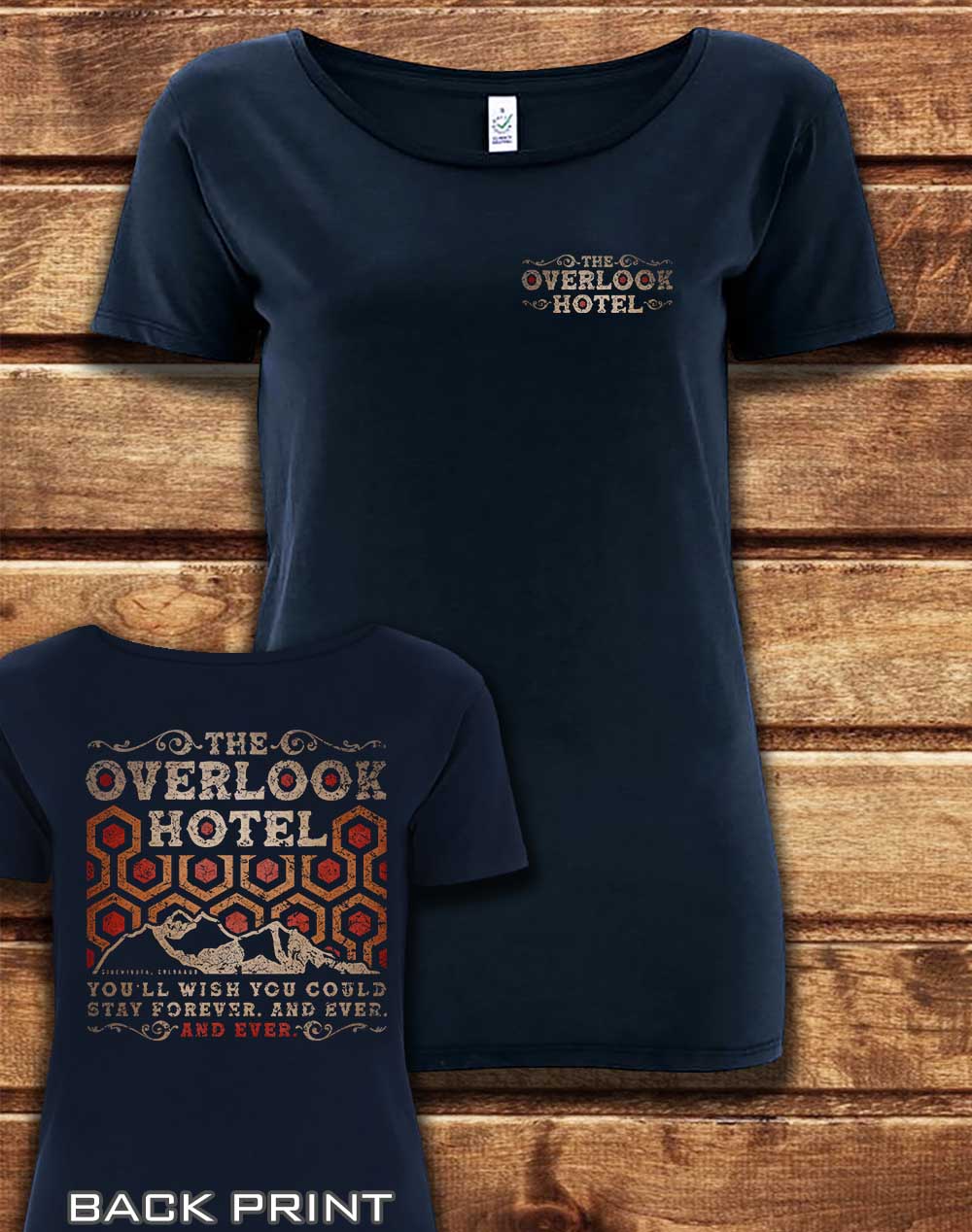 Navy - DELUXE The Overlook Hotel with Back Print Organic Scoop Neck T-Shirt