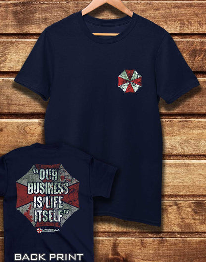 Navy - DELUXE Umbrella Corp Life Itself Back Print Organic Cotton T-Shirt