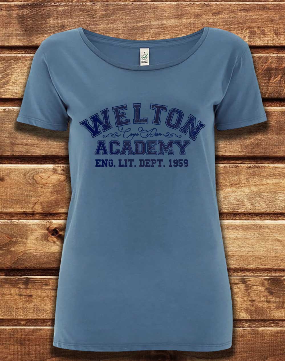 Faded Denim - DELUXE Welton Academy Eng Lit Varsity 1959 Organic Scoop Neck T-Shirt