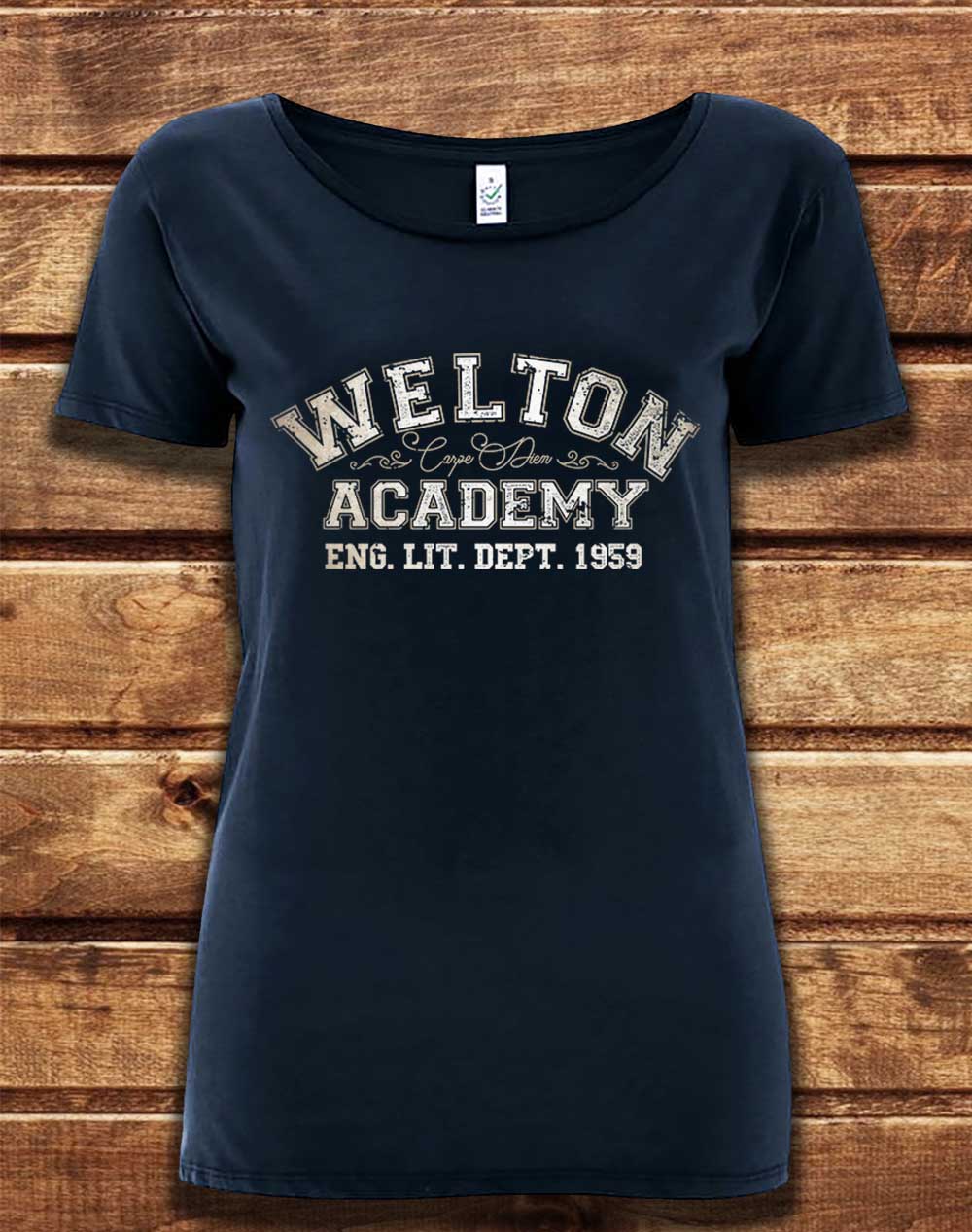 Navy - DELUXE Welton Academy Eng Lit Varsity 1959 Organic Scoop Neck T-Shirt