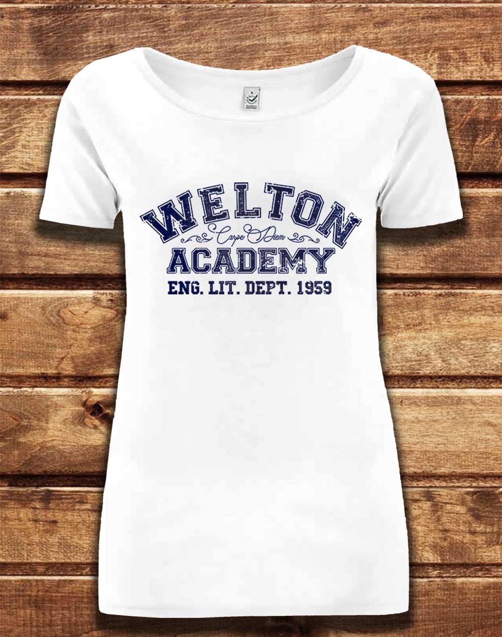 White - DELUXE Welton Academy Eng Lit Varsity 1959 Organic Scoop Neck T-Shirt