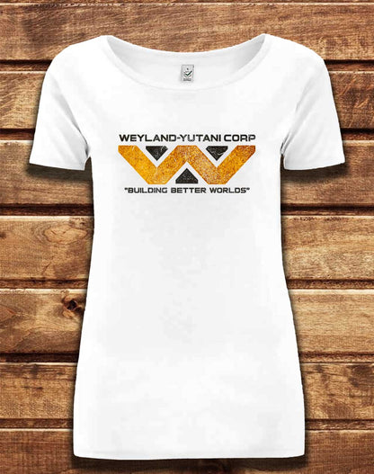 White - DELUXE Weyalnd Yutani Distressed Logo Organic Scoop Neck T-Shirt