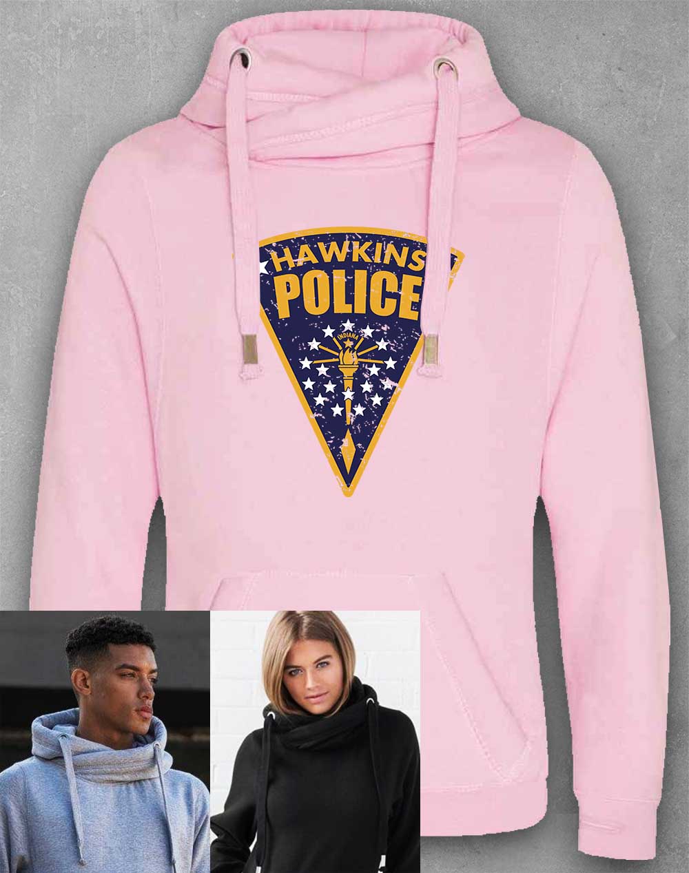 Baby Pink - Hawkins Police Shield Logo Chunky Cross Neck Hoodie