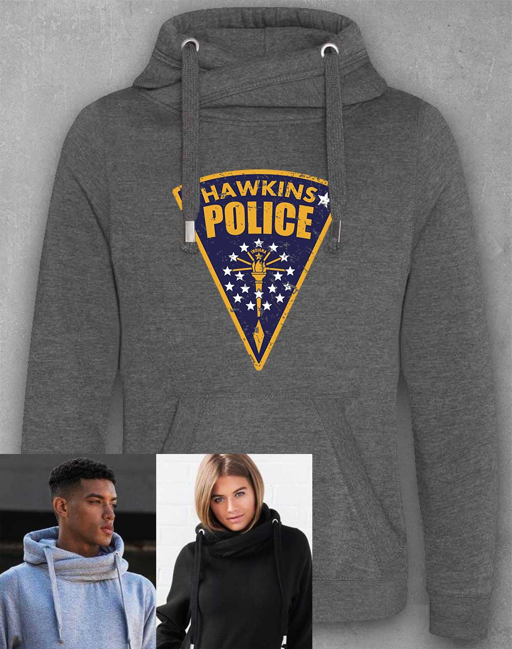 Charcoal - Hawkins Police Shield Logo Chunky Cross Neck Hoodie