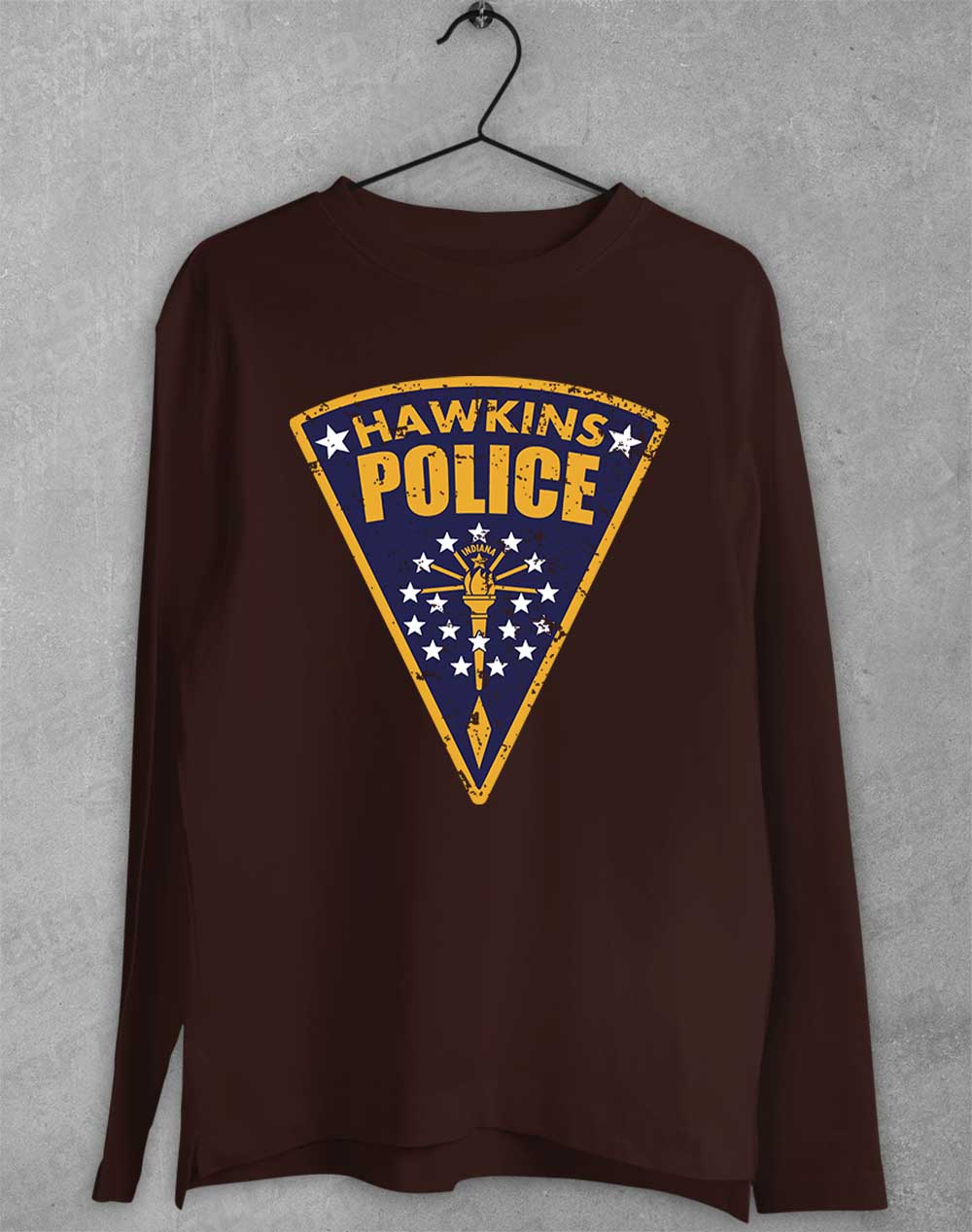 Dark Chocolate - Hawkins Police Shield Logo Long Sleeve T-Shirt