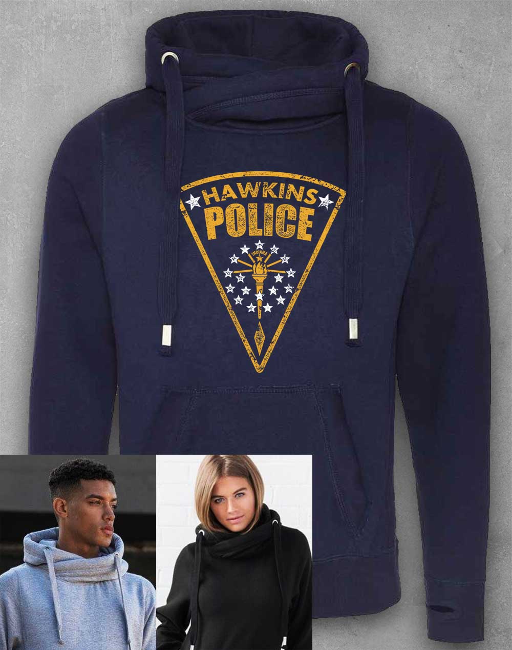 Oxford Navy - Hawkins Police Shield Logo Chunky Cross Neck Hoodie