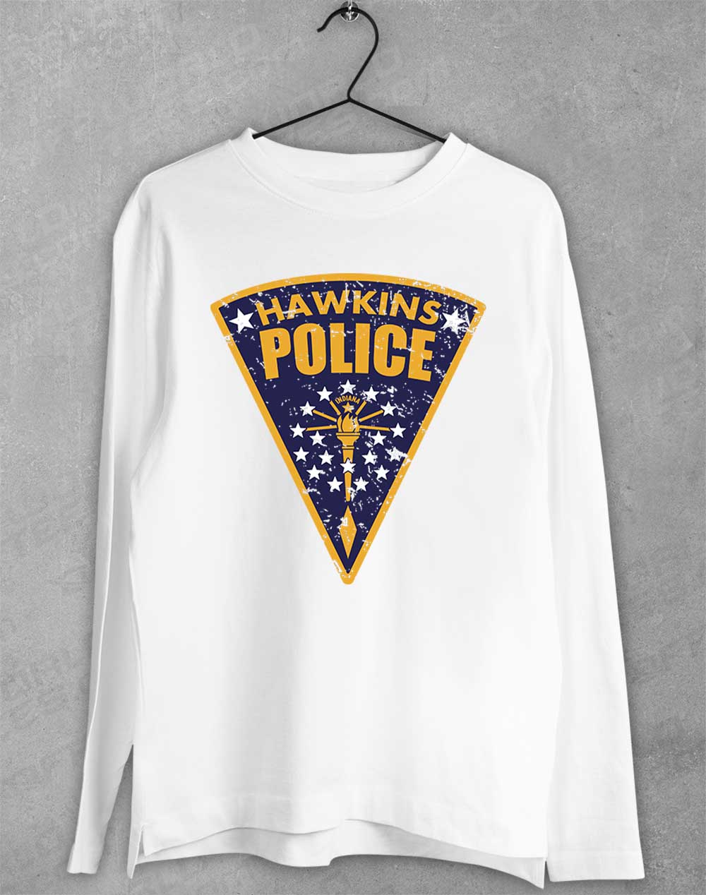 White - Hawkins Police Shield Logo Long Sleeve T-Shirt