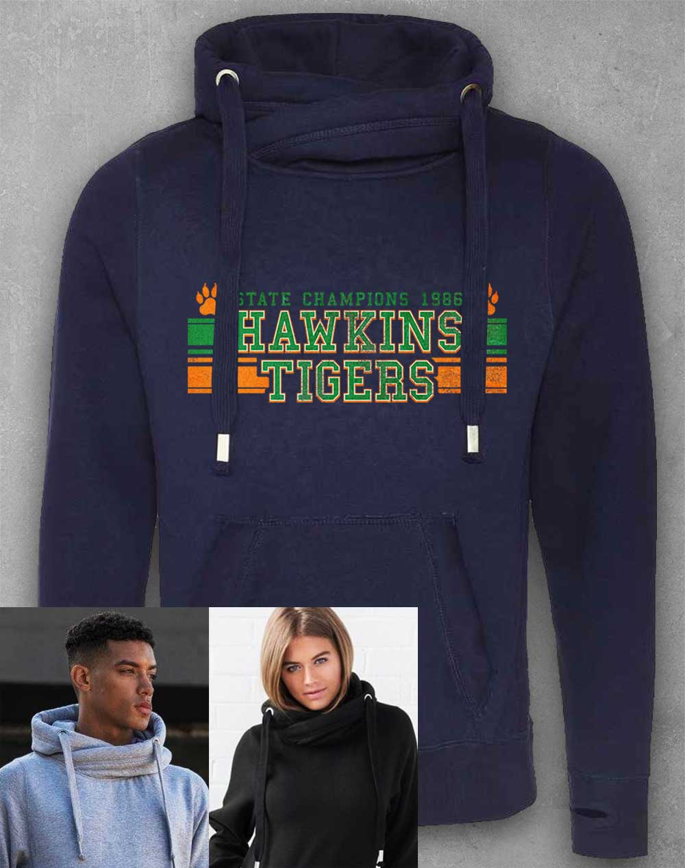 Oxford Navy - Hawkins Tigers State Champs 1986 Chunky Cross Neck Hoodie