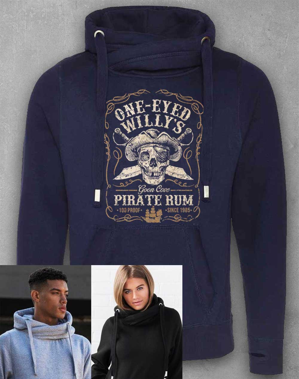 Oxford Navy - One-Eyed Willy's Pirate Rum Chunky Cross Neck Hoodie