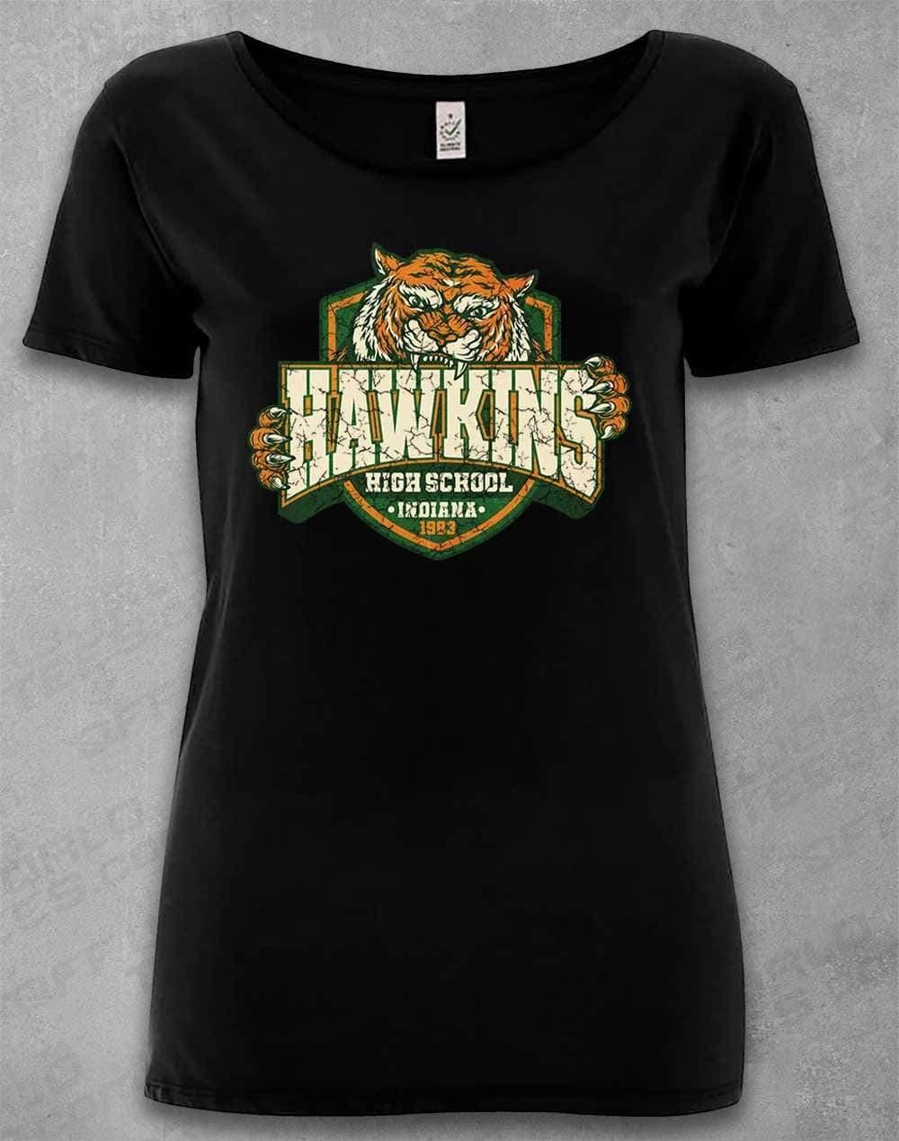 DELUXE Hawkins High School Tiger Logo Organic Scoop Neck T-Shirt 8-10 / Black  - Off World Tees