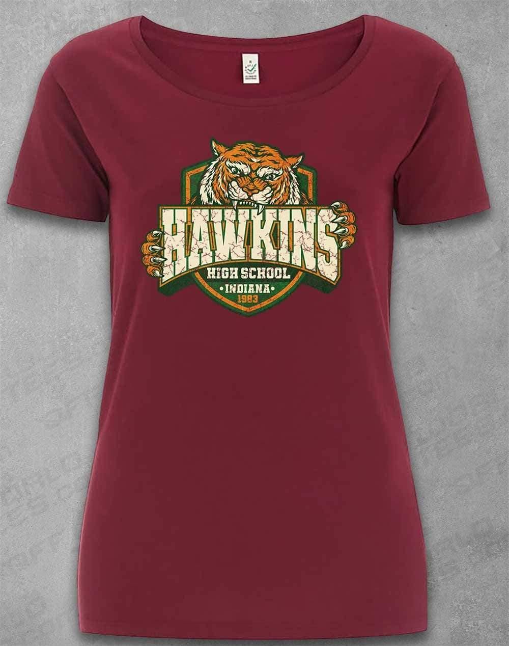 DELUXE Hawkins High School Tiger Logo Organic Scoop Neck T-Shirt 8-10 / Burgundy  - Off World Tees