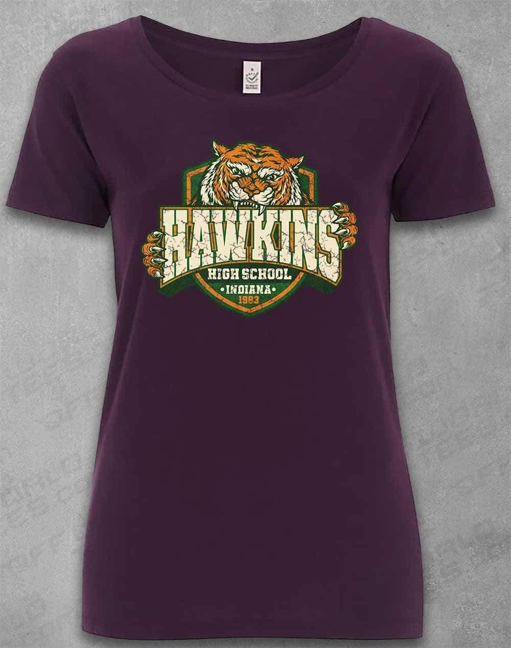 DELUXE Hawkins High School Tiger Logo Organic Scoop Neck T-Shirt 8-10 / Eggplant  - Off World Tees