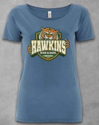 DELUXE Hawkins High School Tiger Logo Organic Scoop Neck T-Shirt 8-10 / Faded Denim  - Off World Tees
