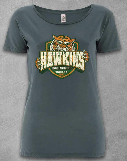 DELUXE Hawkins High School Tiger Logo Organic Scoop Neck T-Shirt 8-10 / Light Charcoal  - Off World Tees
