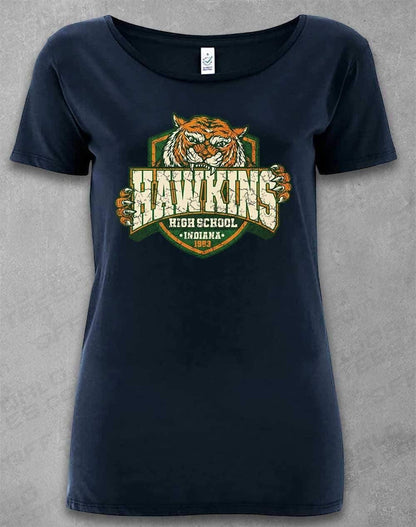 DELUXE Hawkins High School Tiger Logo Organic Scoop Neck T-Shirt 8-10 / Navy  - Off World Tees