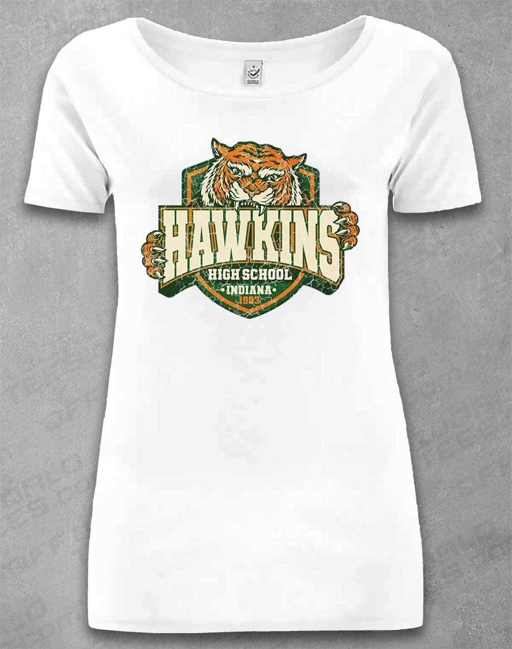 DELUXE Hawkins High School Tiger Logo Organic Scoop Neck T-Shirt 8-10 / White  - Off World Tees