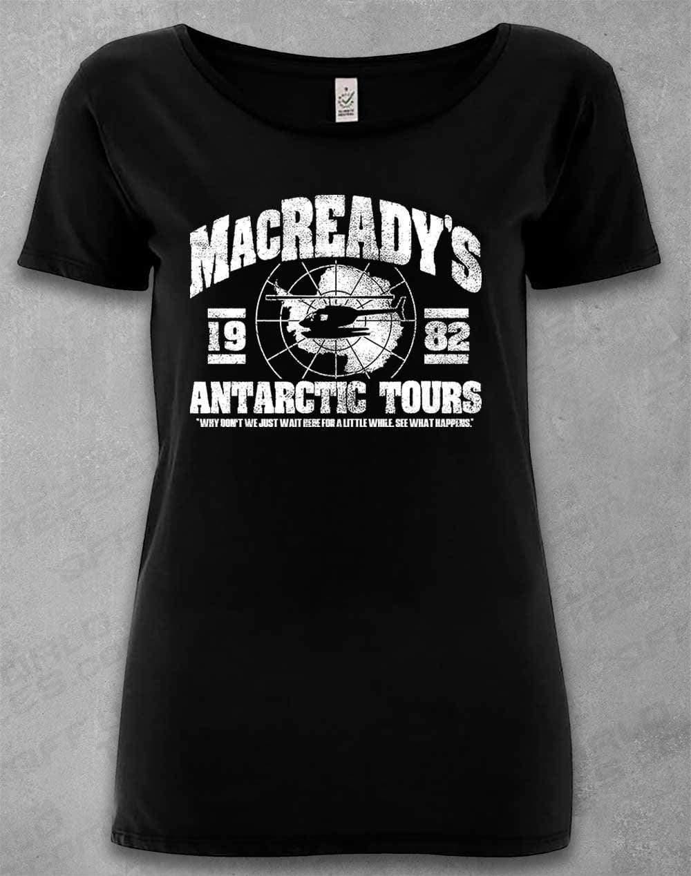 DELUXE MacReady's Antarctic Tours 1982 Organic Scoop Neck T-Shirt 8-10 / Black  - Off World Tees