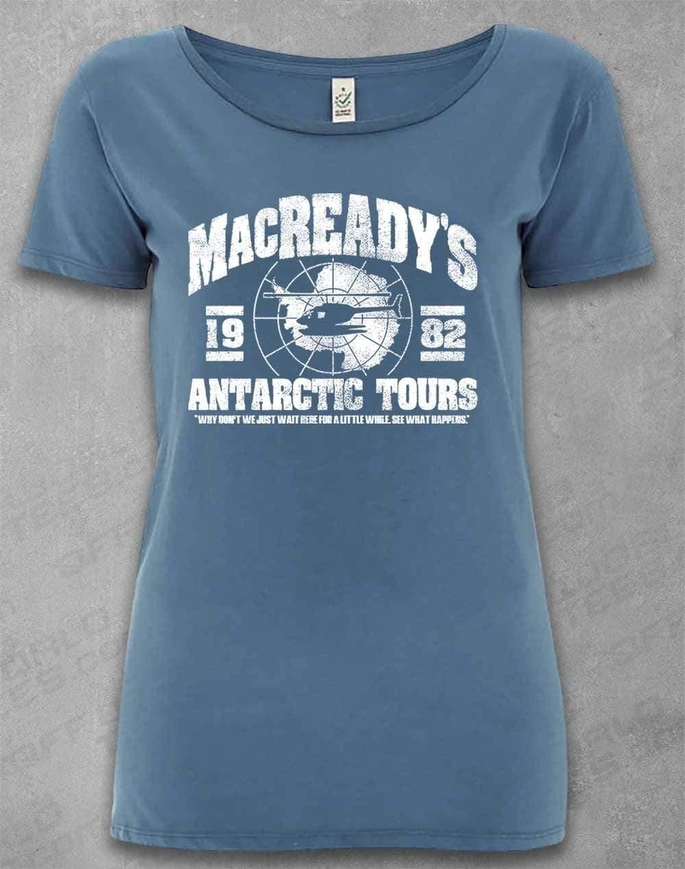 DELUXE MacReady's Antarctic Tours 1982 Organic Scoop Neck T-Shirt 8-10 / Faded Denim  - Off World Tees