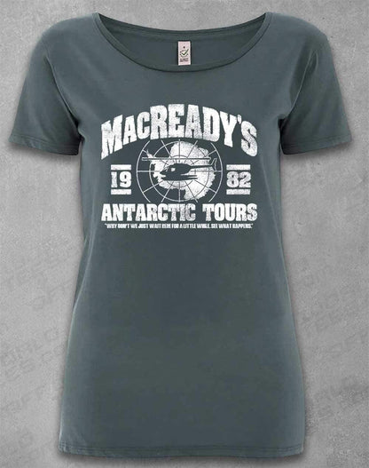 DELUXE MacReady's Antarctic Tours 1982 Organic Scoop Neck T-Shirt 8-10 / Light Charcoal  - Off World Tees