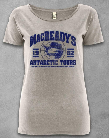 DELUXE MacReady's Antarctic Tours 1982 Organic Scoop Neck T-Shirt 8-10 / Melange Grey  - Off World Tees