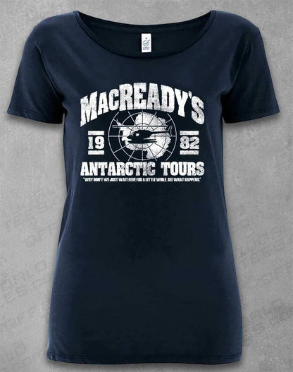 DELUXE MacReady's Antarctic Tours 1982 Organic Scoop Neck T-Shirt 8-10 / Navy  - Off World Tees