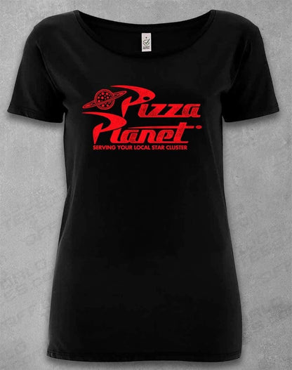 DELUXE Pizza Planet Distressed Logo Organic Scoop Neck T-Shirt 8-10 / Black  - Off World Tees