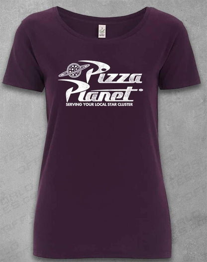 DELUXE Pizza Planet Distressed Logo Organic Scoop Neck T-Shirt 8-10 / Eggplant  - Off World Tees