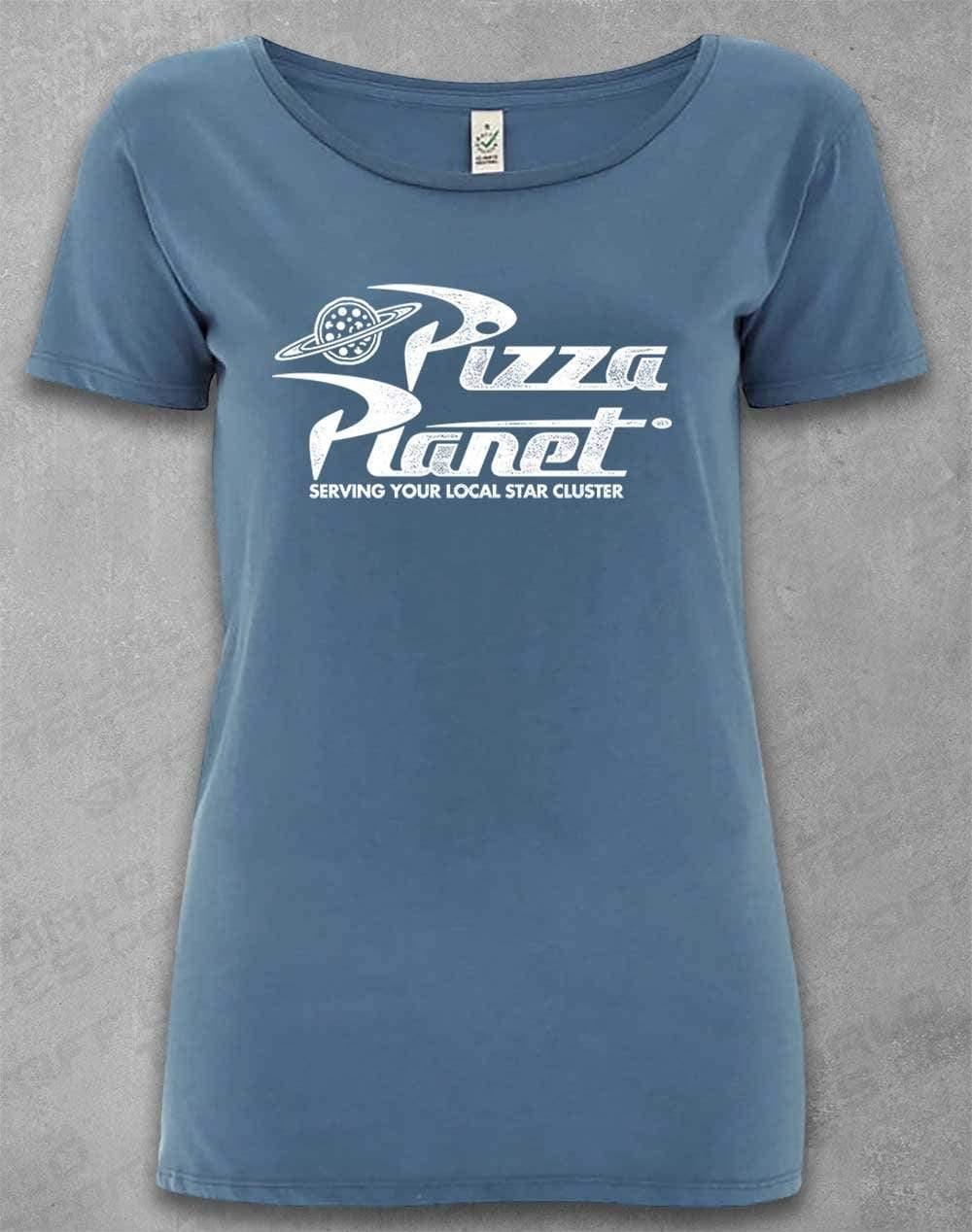 DELUXE Pizza Planet Distressed Logo Organic Scoop Neck T-Shirt 8-10 / Faded Denim  - Off World Tees