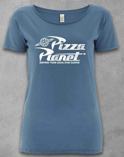 DELUXE Pizza Planet Distressed Logo Organic Scoop Neck T-Shirt 8-10 / Faded Denim  - Off World Tees
