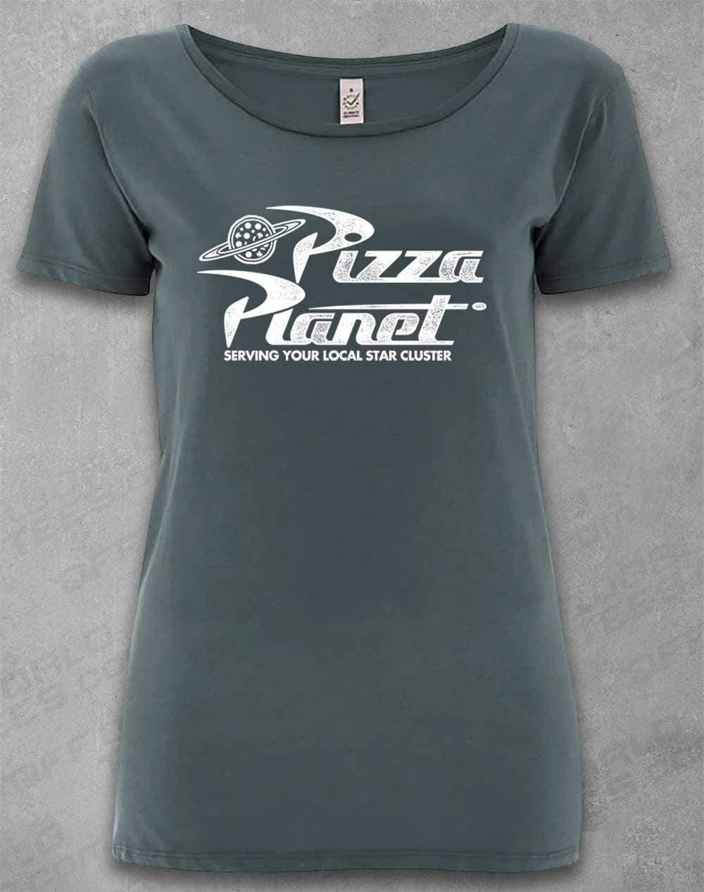 DELUXE Pizza Planet Distressed Logo Organic Scoop Neck T-Shirt 8-10 / Light Charcoal  - Off World Tees