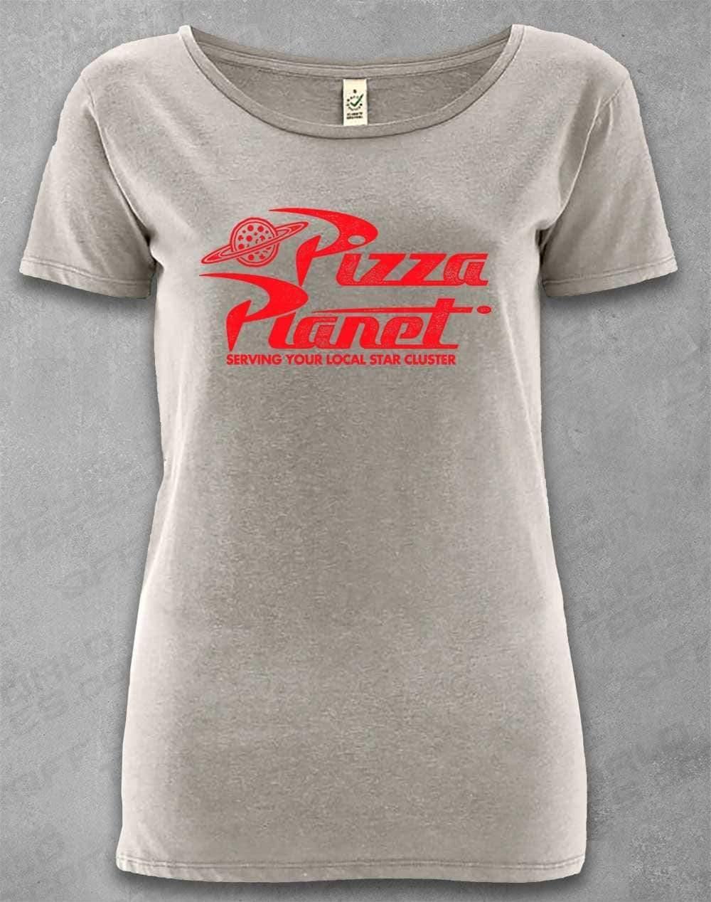 DELUXE Pizza Planet Distressed Logo Organic Scoop Neck T-Shirt 8-10 / Melange Grey  - Off World Tees