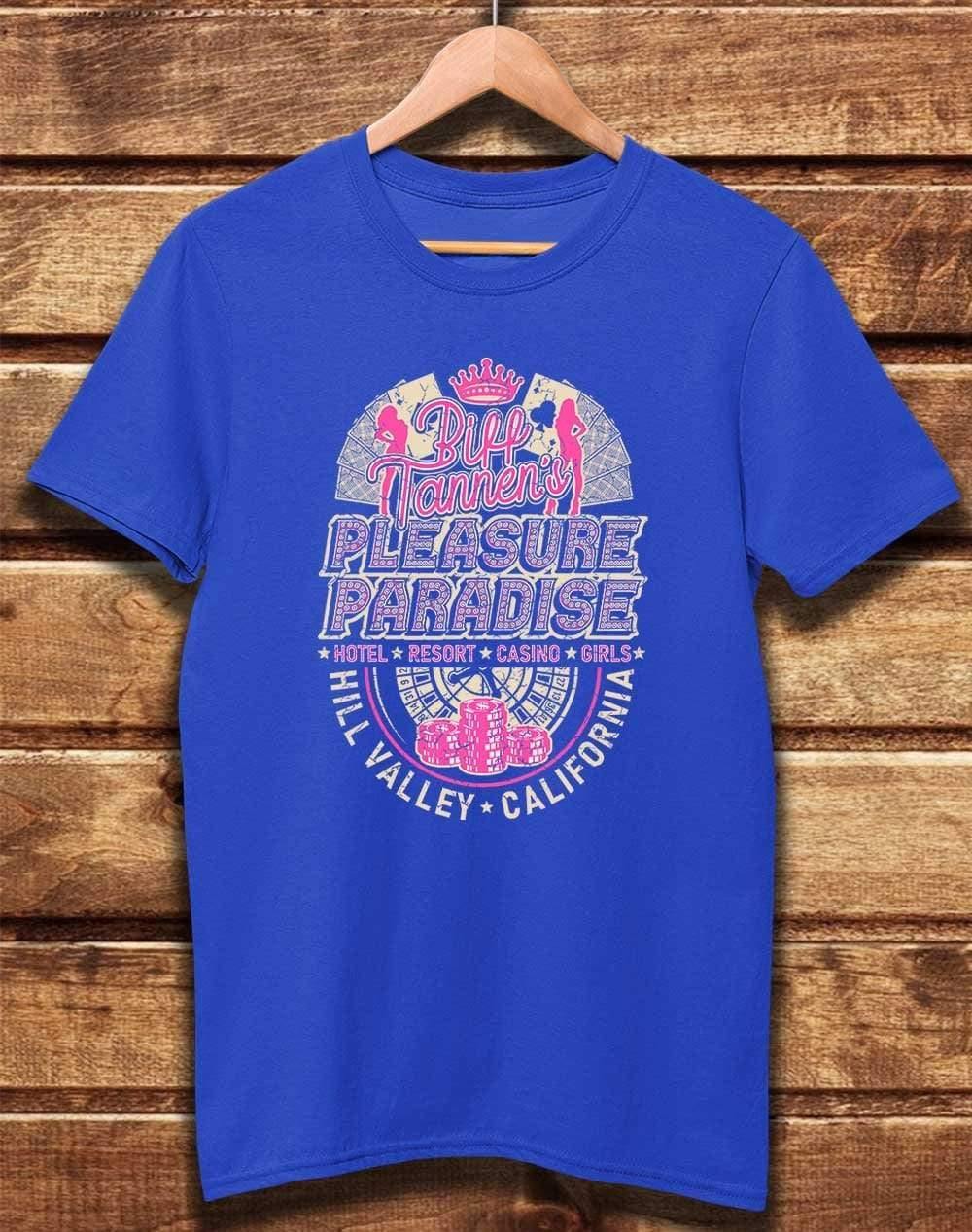 DELUXE Biff Tannen's Pleasure Paradise Organic Cotton T-Shirt XS / Bright Blue  - Off World Tees