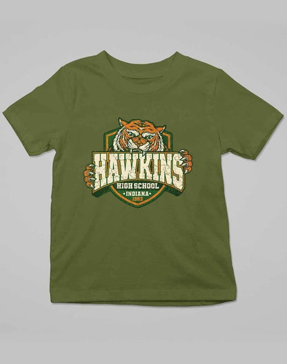 Hawkins High School Tiger Logo Kids T-Shirt 3-4 years / Army  - Off World Tees