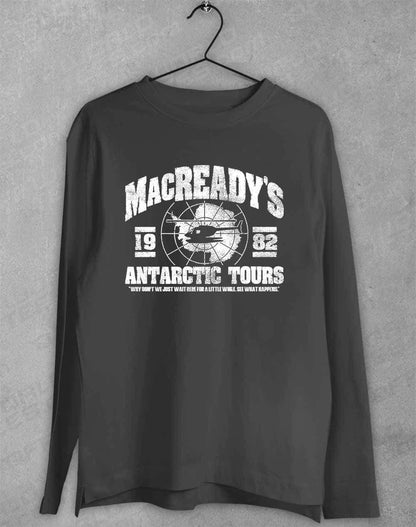 MacReady's Antarctic Tours 1982 Long Sleeve T-Shirt S / Charcoal  - Off World Tees