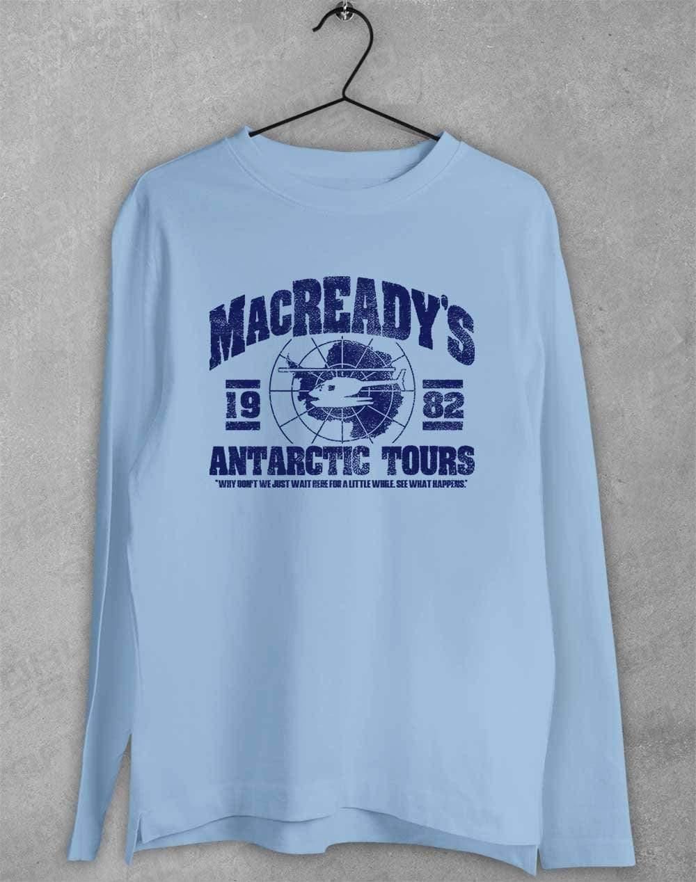 MacReady's Antarctic Tours 1982 Long Sleeve T-Shirt S / Light Blue  - Off World Tees